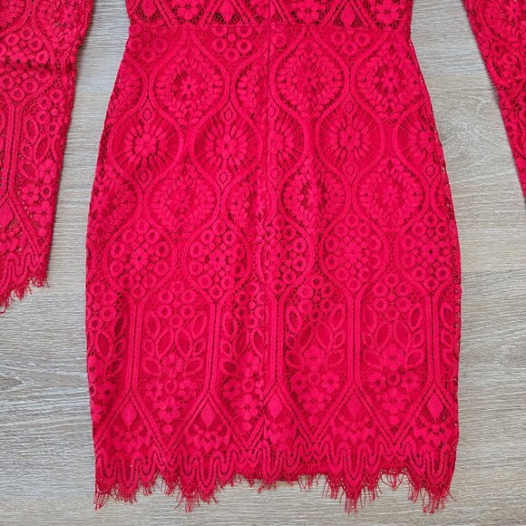 Lulus Red Lace Long Sleeve Bodycon Mini Dress Size Small Stunning Party Look - Picture 4 of 17